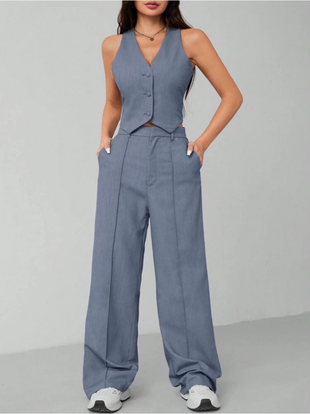 Tailored Wide-Leg Vest & Pants Set - Steel Blue